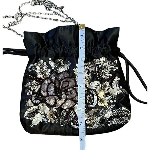 Vintage Jessica McClintock Black Floral Sequin Beaded Evening Formal Bag Purse - Picture 8 of 10